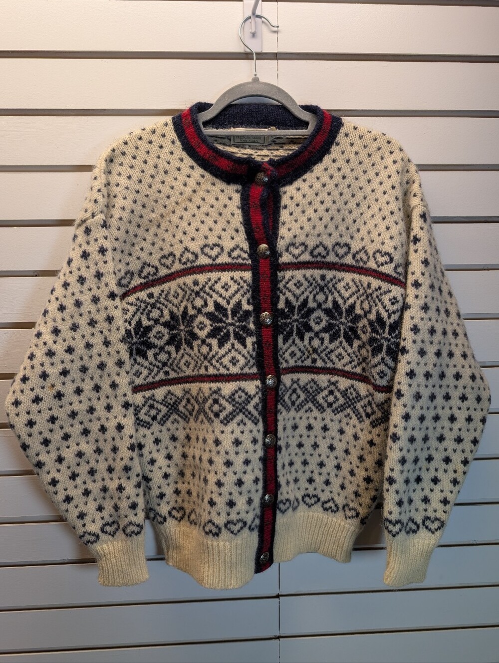 VTG LL Bean Wool Blend Fair Isle Cardigan Nordic Hearts Birdseye Size L EUC